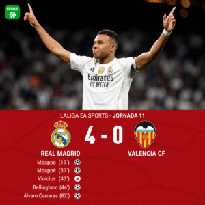 Real Madrid golea 4-0 al Valencia y consigue su sexta victoria consecutiva